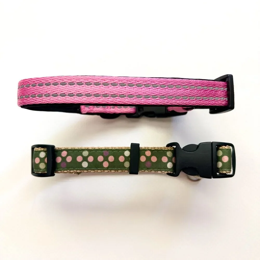Dog Collars Lot of 2 Girl Adjustable Small Medium Reflective Stripes Polka Dots